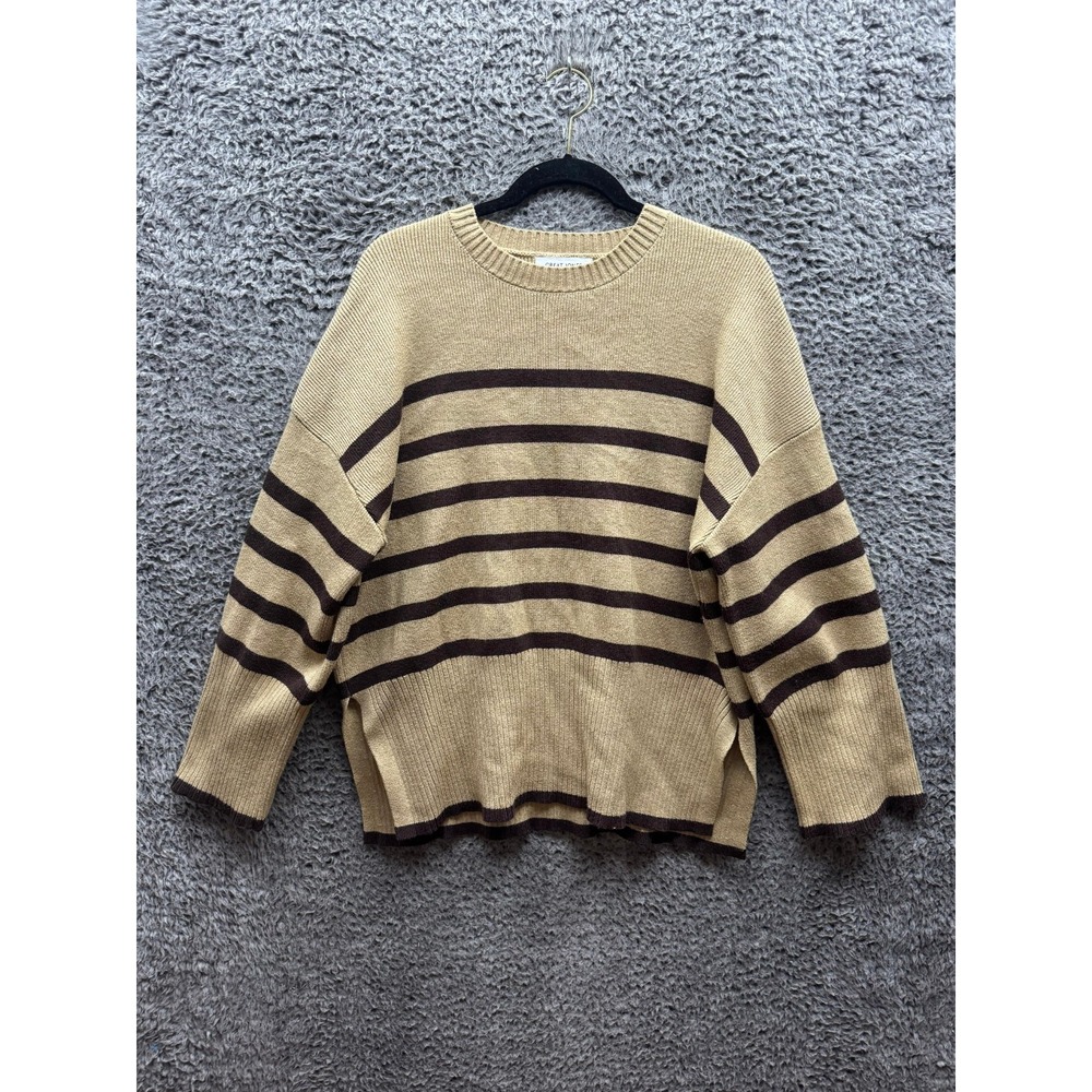 Great Jones Classic Black Stripe Crew Neck Pullover Sweater Tan Womens Size L